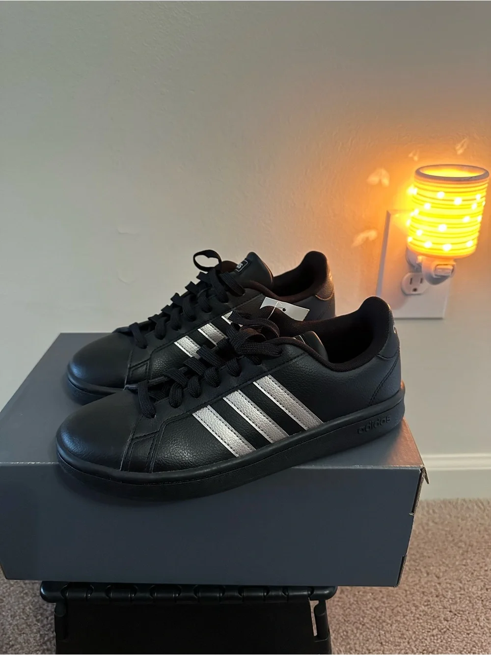 adidas Grand Court Base, Women’s Black Sneakers with Silver 3-Stripes Size 71/2